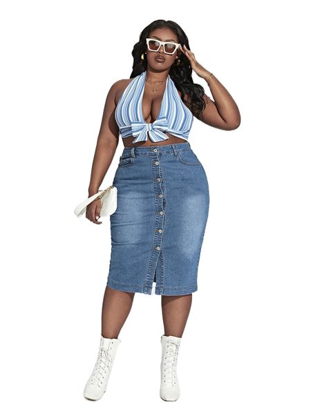 

plus high waist button front denim skirt 14u7#, Black