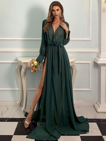 

missord split thigh belted chiffon prom dress a3w9#, Black;gray