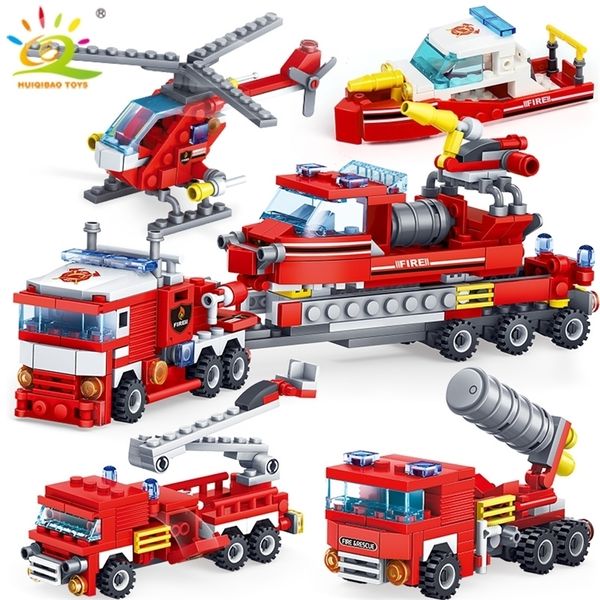 HUIQIBAO 348 pz Antincendio 4in1 Camion Auto Elicottero Barca Building Blocks Città Pompiere Figure Uomo Mattoni Bambini Giocattoli 220815