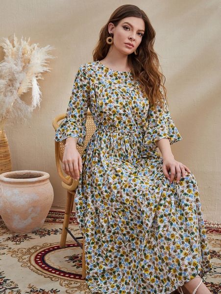 

allover floral print bell sleeve dress d3f6#, Black;gray