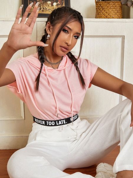 

batwing sleeve slogan tape panel drawstring crop hoodie f43v#, Black