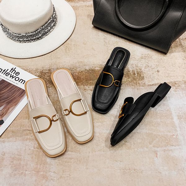 

tx006 fashion women's 2 in 1 flat pu leather shoes slippers black apricot 2colors sandals for outdoor wearing