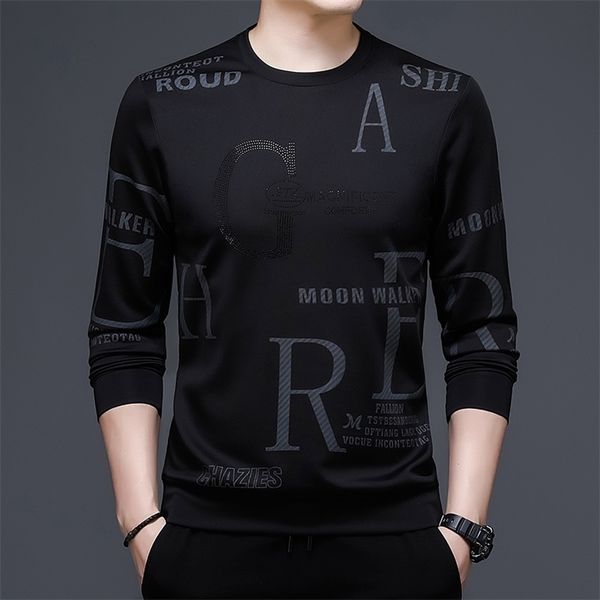

browon sprign autumn black t shirt long sleeve oneck collar fashion trend letter print slim tshirt for men street wear 220718, White;black