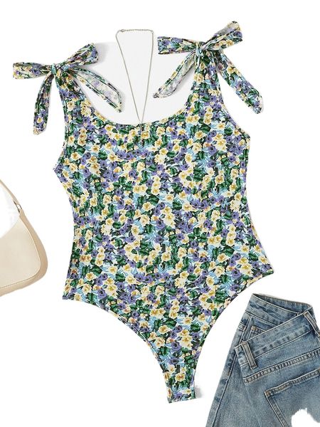 

plus knot shoulder allover floral bodysuit x49b#, Black