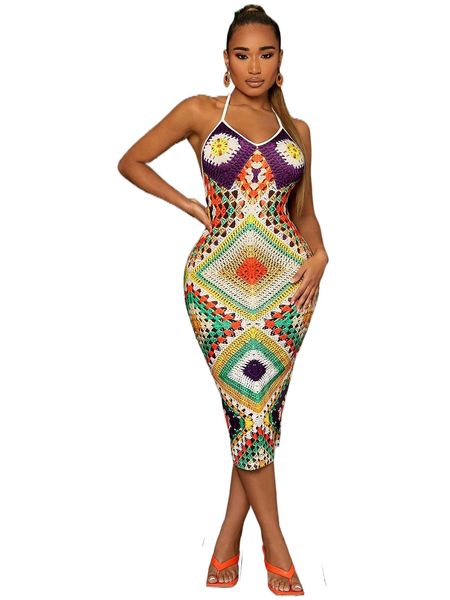 

sxy geo pattern backless dress k5el#, Black;gray