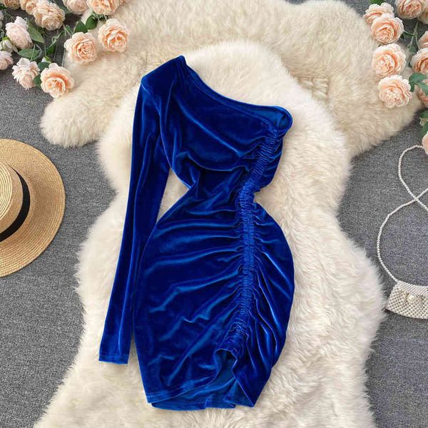 

casual dresses royal sister light familiar wind oblique neck one-sided sleeve temperament off shoulder slim fit short hip wrapped velvet dre, Black;gray