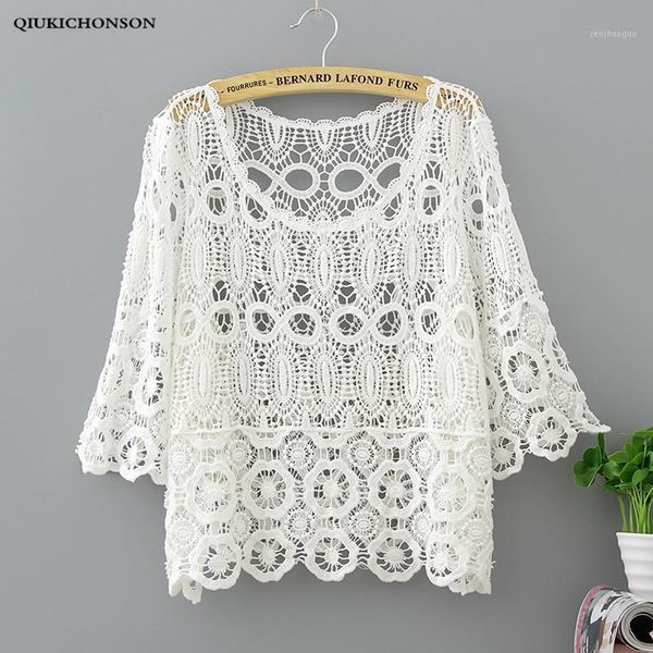 Bloups feminina camisas qiukichonson Blusa de renda branca Mulheres de manga curta Tops de verão Senhoras fofas Hollow Out Crochet Biquíni SunPro