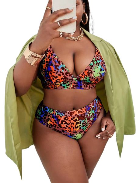 

plus leopard triangle high waist bikini swimsuit j36b#, White;black