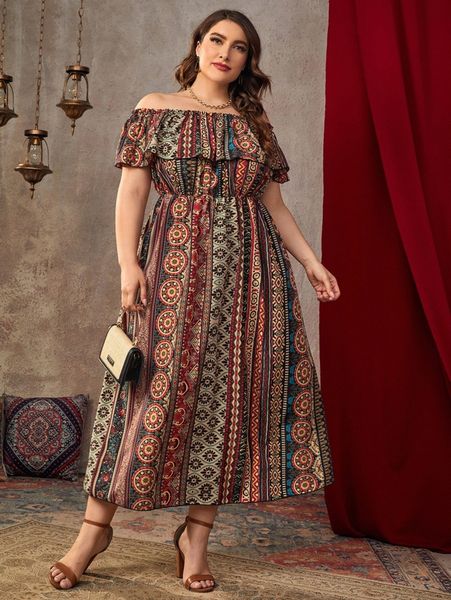 

plus chevron & damask print off shoulder ruffle trim dress 91if#, Black