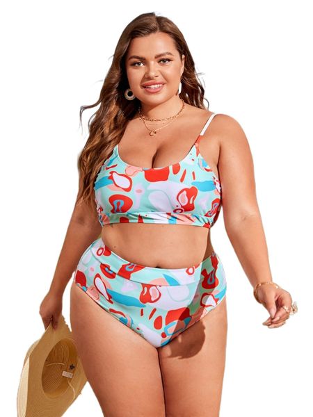 

plus allover print high waist bikini swimsuit s5yl#, White;black