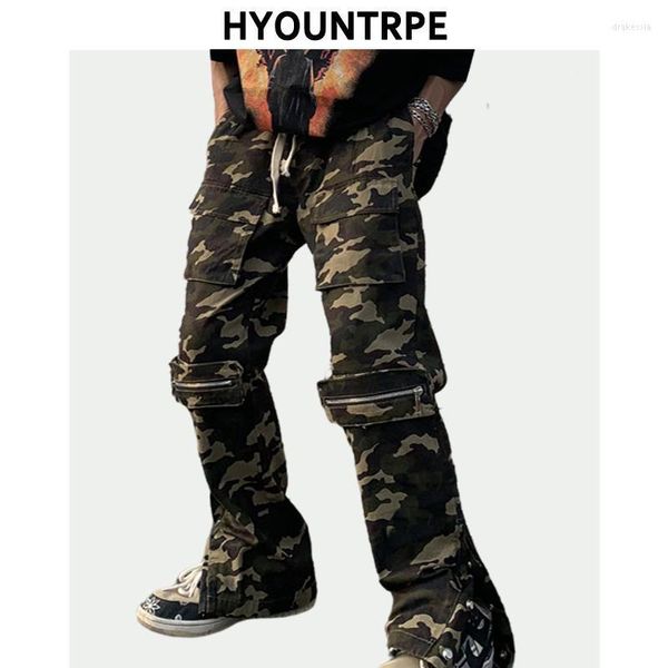 Мужские брюки модная боковая пуговица камуфляж мужской случайные шнурки с прямыми карманами с толчкой хип -хоп уличная одежда Joggersmen's Drak22