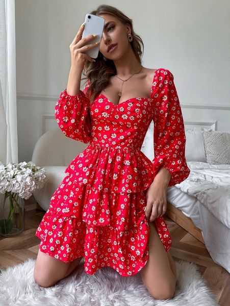 

ditsy floral layered hem a-line dress b1fm#, Black;gray