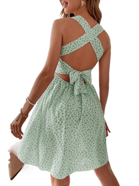 

ditsy floral crisscross tie back shirred dress d6qx#, Black;gray