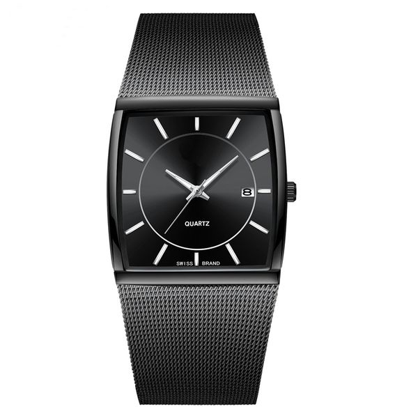 

square stainless steel mesh bracelet watches date display men quartz watch luxury gold male wristwatch relogio masculino wristwatches montre, Slivery;brown
