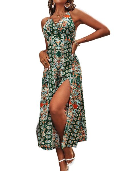 

floral print overlap collar crisscross back slit thigh cami dress z1yv#, Black;gray