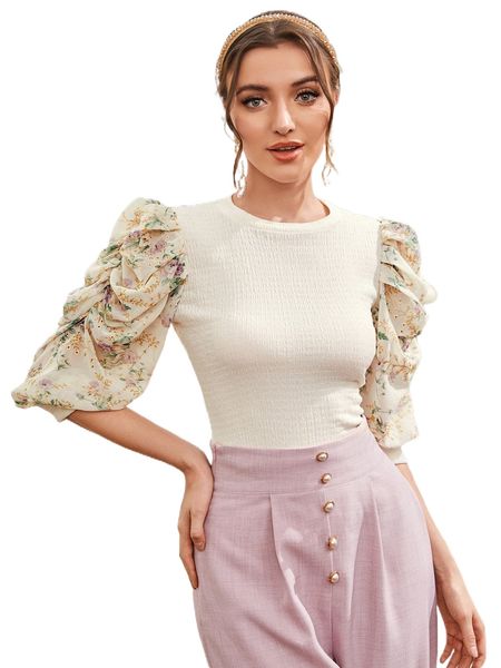 

colorblock floral print ruched puff sleeve c8lh#, White