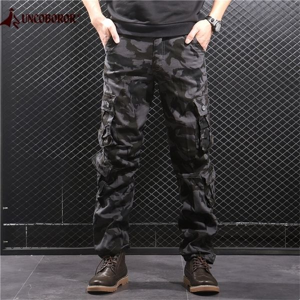 

camouflage cargo pants men multi pocket cotton military camo pants army track trousers male streetwear overalls pantalon homme 201126, Black