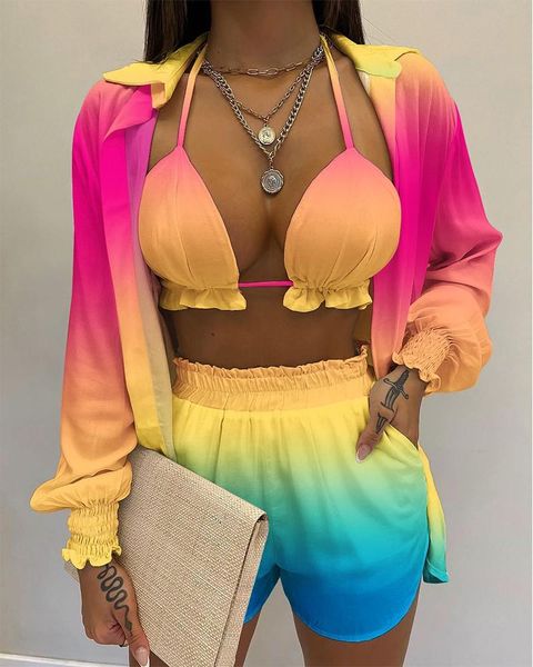 

women's tracksuits women's 3-piece suit summer 2022 beach style boho floral print three-piece tracksuit woman holiday casual shirt, Gray
