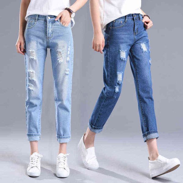 

new loose korean fashion high waist gerafeld hole pocket summer jeans women with zipper l220726, Blue