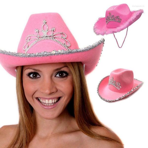 Berets Rosa Cowboyhut Damen Western Tiara Cowgirl Cap Urlaubskostüm Strass Krone Feder Panama LightBerets