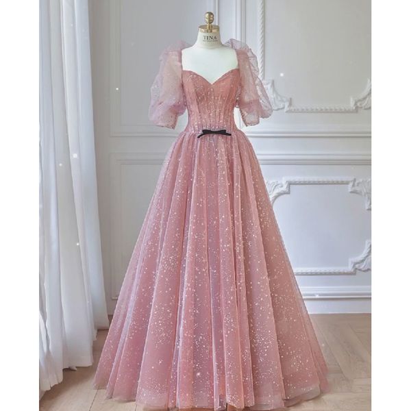 Sexy rosa Abendkleider mit Perlenkristallen Lange Prinzessin Velvet Satin Party besondere Anlässe Kleider Falten Rüschen Promise Kleid tragen