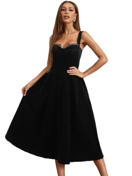 

eyelash lace trim fold pleated velvet cami evening party dress u2hr#, Black;gray