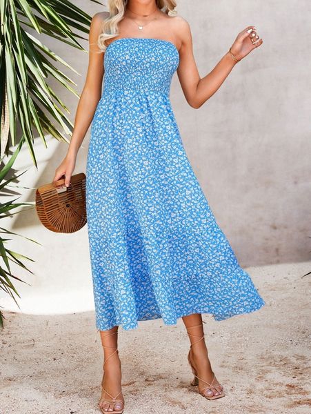 

ditsy floral shirred ruffle hem tube dress g91h#, Black;gray