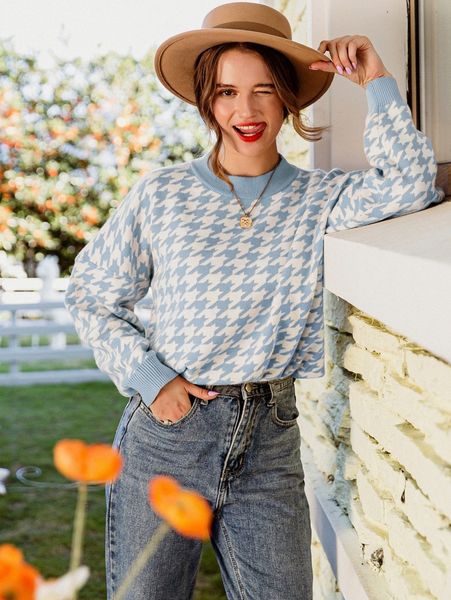 

simplee drop shoulder houndstooth pattern sweater 99pl#, White;black