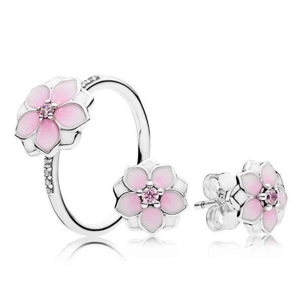 

new 2017 100% 925 sterling silver magnolia bloom spring flowers ring gift set charms rings fit diy original jewelry a set aa220315, Slivery;golden