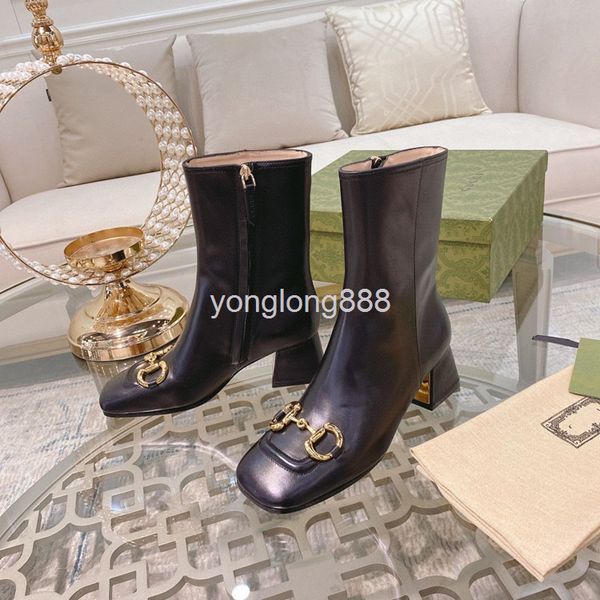 

boots high end quality thick heel leather short boots women's autumn and winter english style thin versatile square head, Black