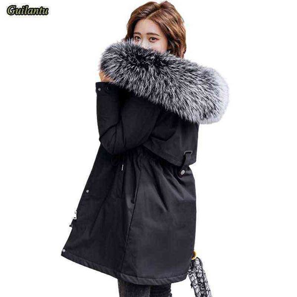 

guilantu plus size 6xl winter jacket women thick wool liner cotton padded jackets coat female faux fur collar hooded long parkas 211118, Black