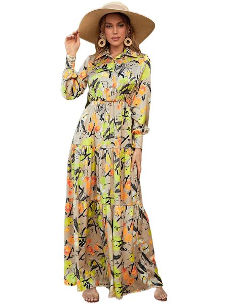 

missord allover print flounce hem wide leg shirt dress s2vw#, Black;gray