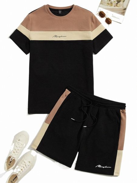 

men letter graphic colorblock tee and shorts set p9cs#, Gray