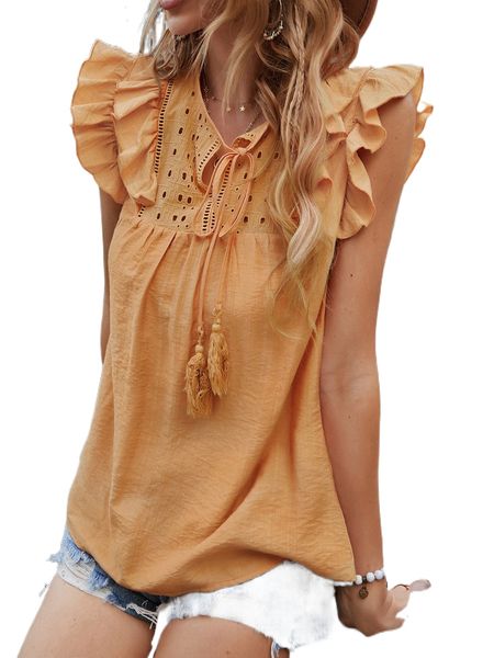 

tassel tie neck eyelet embroidery ruffle trim blouse q2oz#, White