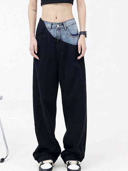 

vrouwen jeans streetwear casual hoge taille wijde pijpen broek koreaanse fashion black patchwork harajuku rechte broek losse vrouwelijke l22, Blue