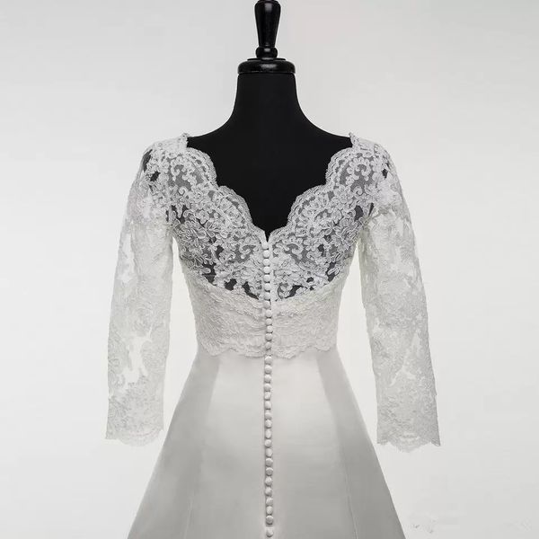 

wedding jacket with sleeves 2022 boat neck appliqued lace bridal jacket bolero 3/4 sleeves buttons back custom made, White