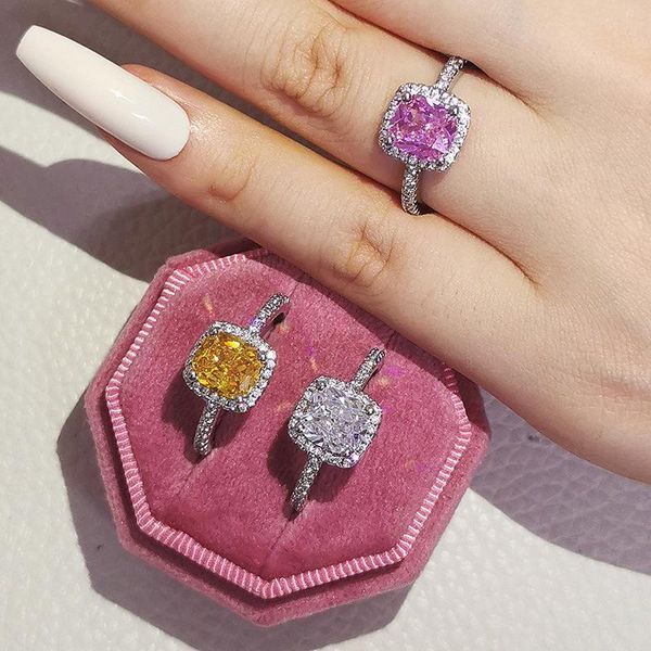 Ringos de cluster Moda Crystal Stone for Women Silver Color Square Blue Pink Zircon Ring Tinge de jóias Boho Jewelry Ringcluster