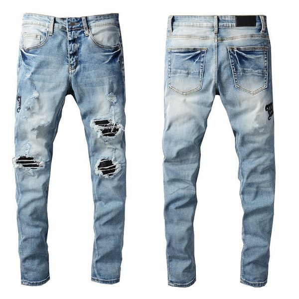 Calça de jeans masculina bordado bordado calça jeans angustiada esbugalhada azul rasgado manchas pretas rasgadas magras com orifícios tamanho 28-40 amaciante de comprimento fofo Fashinon