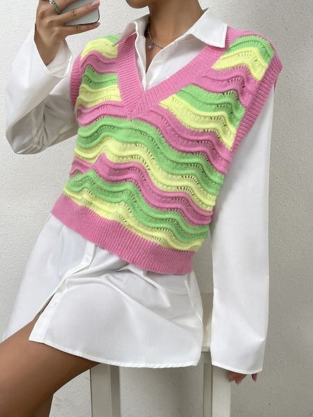 

chevron pattern colorblock sweater vest without blouse i4xf#, White;black