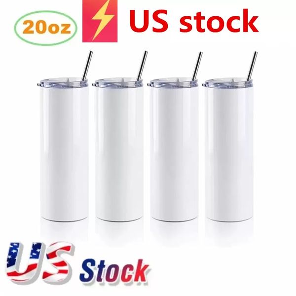 Copos de sublimação retos em estoque americano 20 oz copos isolados de aço inoxidável de parede dupla com tampa de palha de plástico copos de caneca branca em branco para presentes de festa