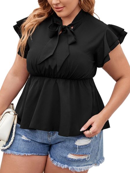 

plus tie neck butterfly sleeve peplum blouse w8ww#, Black