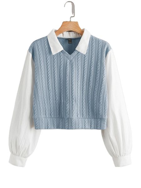 

plus color block lantern sleeve cable knit 2 in 1 blouse q4uo#, Black