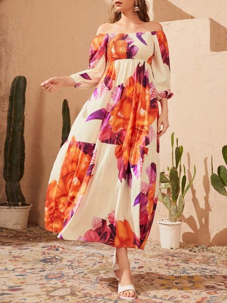 

floral print off shoulder lantern sleeve shirred dress d0tv#, Black;gray