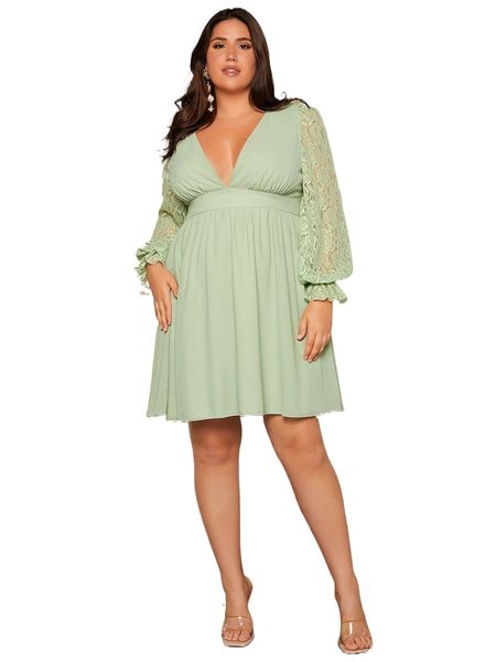 

plus deep v neck contrast lace chiffon dress 55ar#, Black