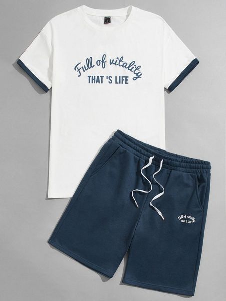 

men letter graphic tee & drawstring waist shorts set 853g#, Gray