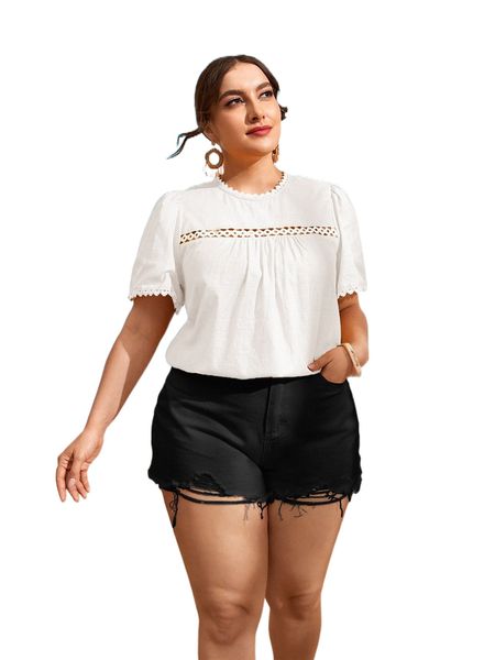 

plus guipure lace panel puff sleeve blouse g8pz#, Black