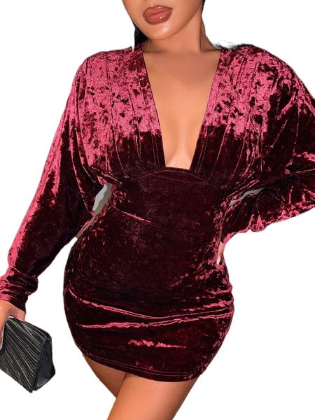 

sxy deep v neck batwing sleeve velvet dress g4st#, Black;gray