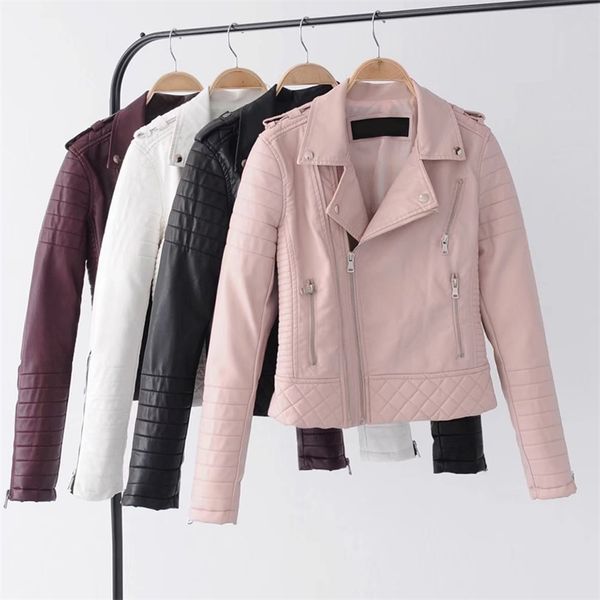 

women's leather jacket motorcycle autumn long sleeve zipper soft faux leather jackets white ladies female coats outerwear 201214, Black