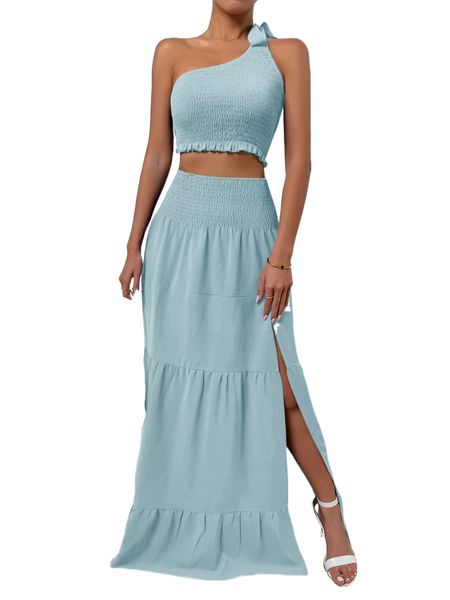 

one shoulder knot side shirred crop & split thigh skirt w71n#, White