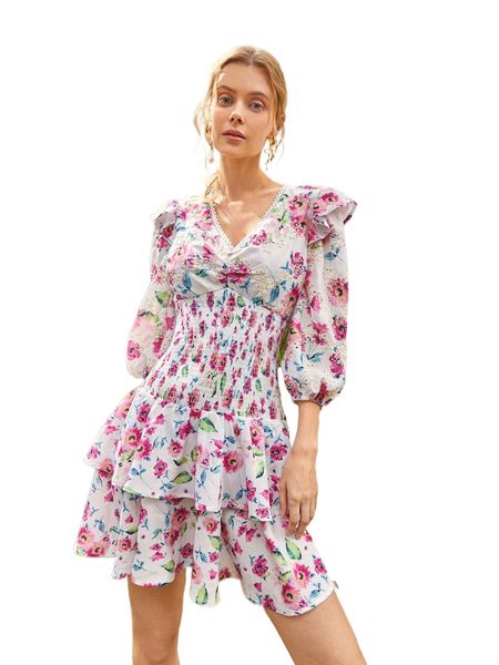 

floral print v-neck lantern sleeve shirred layered ruffle hem dress z5nr#, Black;gray